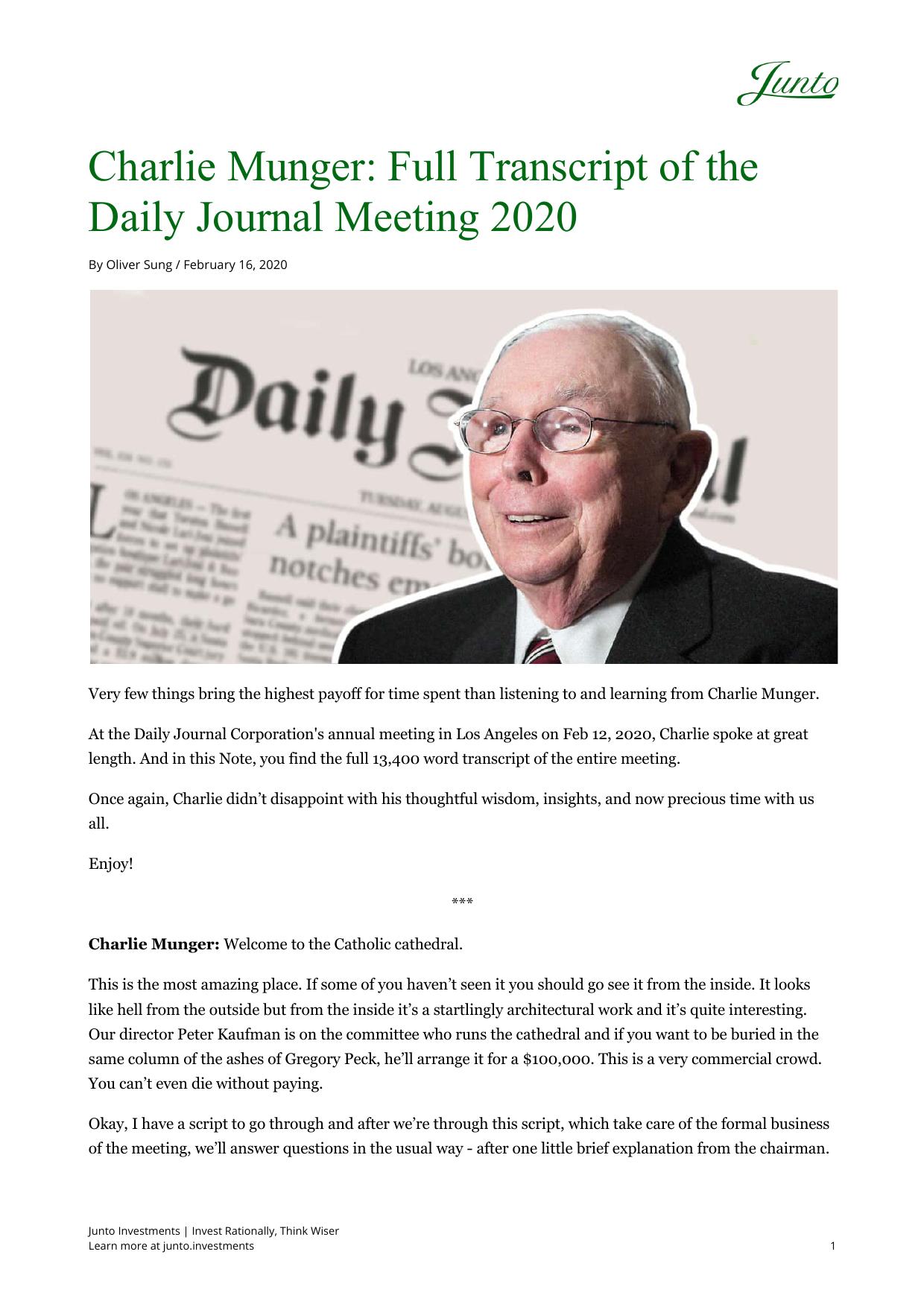 Charlie Munger: Full Transcript of the Daily Journal Meeting 2020